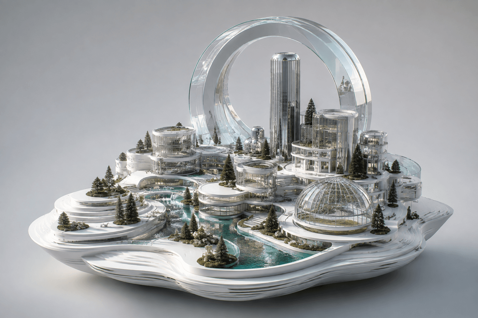 Silver buildings and gardens in the starting area