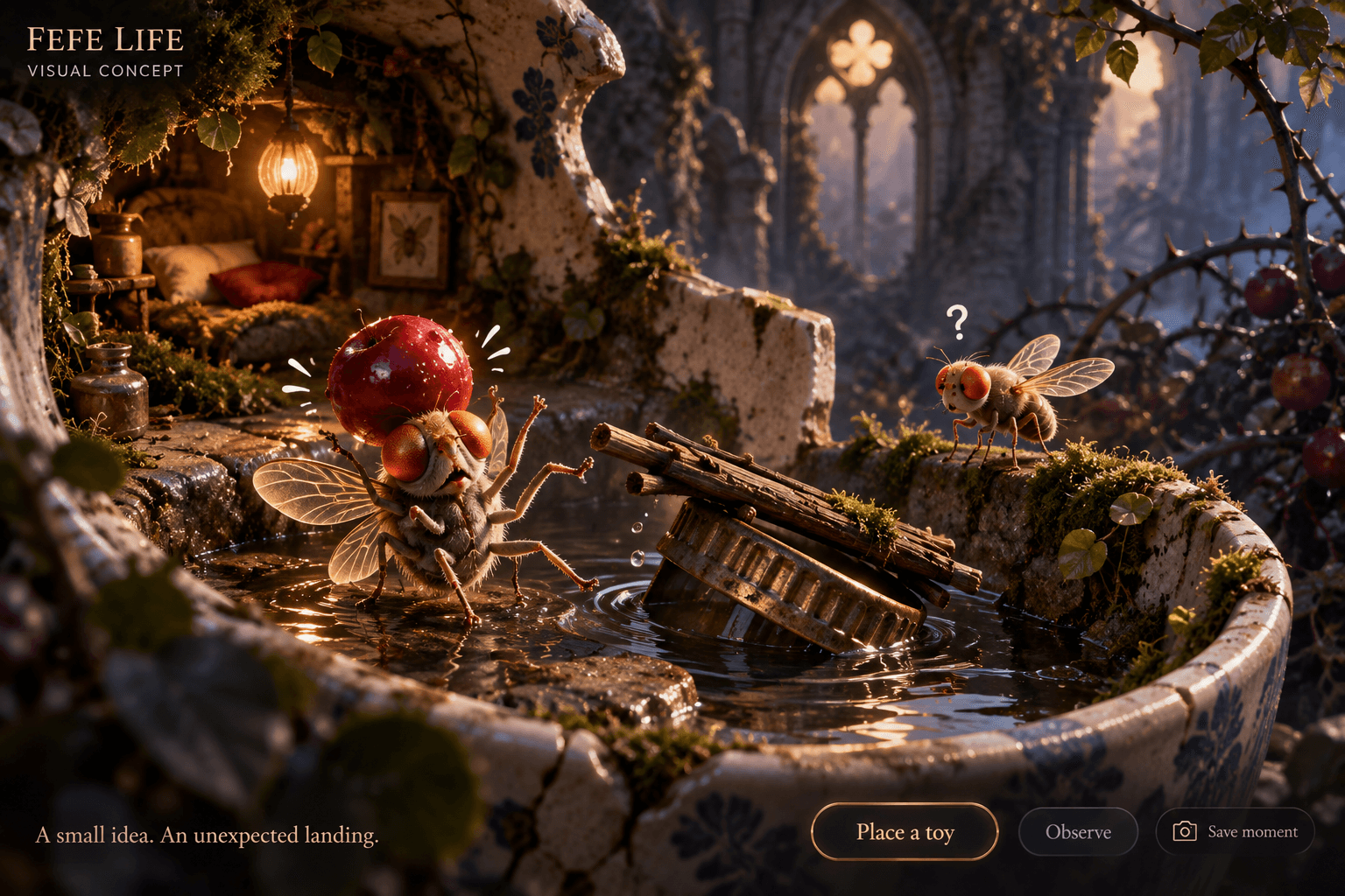 Lantern light fills a home inside a broken cup. A fly balances a red berry beside a tipping bridge while a companion watches.